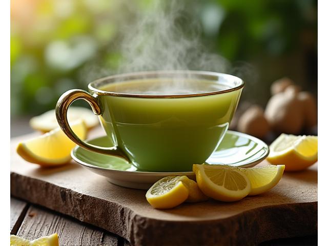 Filiżanka zielonej herbaty i świeży imbir, podkreślające naturalne składniki