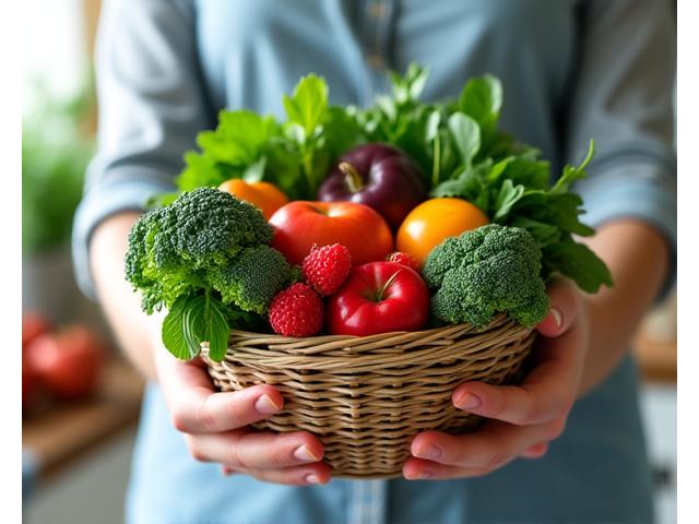 Osoba trzymająca świeże, zdrowe warzywa i owoce, symbolizujące zdrowie jelit i naturalną dietę.