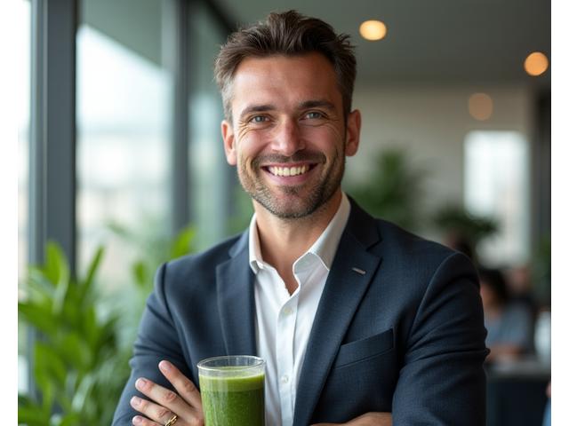 Menedżer w nowoczesnym biurze, uśmiechnięty, ze szklanką zielonego smoothie, symbolizujący zdrowy styl życia mimo obowiązków.